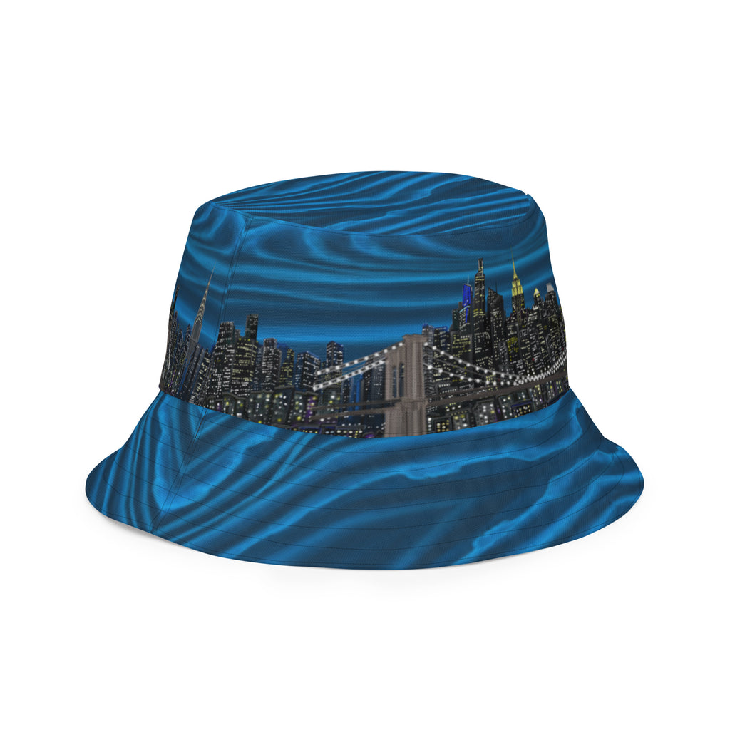 Bucket hat with a cityscape Loria NYC Art design on a white background