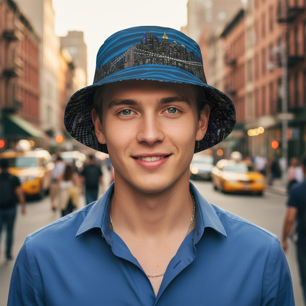 Person wearing a blue and black Loria NYC Art bucket hat on a urban background
