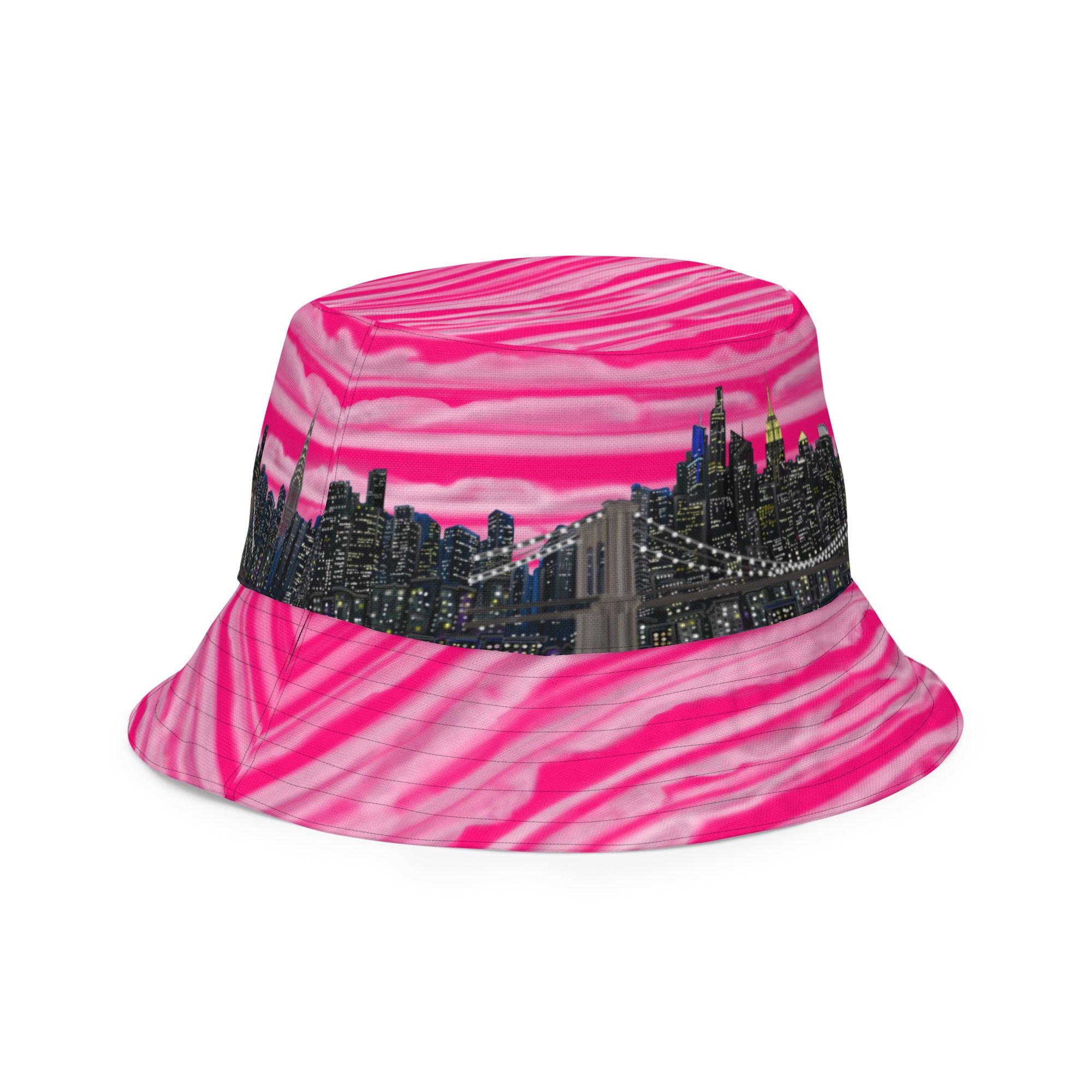 Artistic Reversible Bucket Hat with Città Rosa Vento Fuchsia NYC skyline designed with Brooklyn bridge by S.Loria NYC Art 