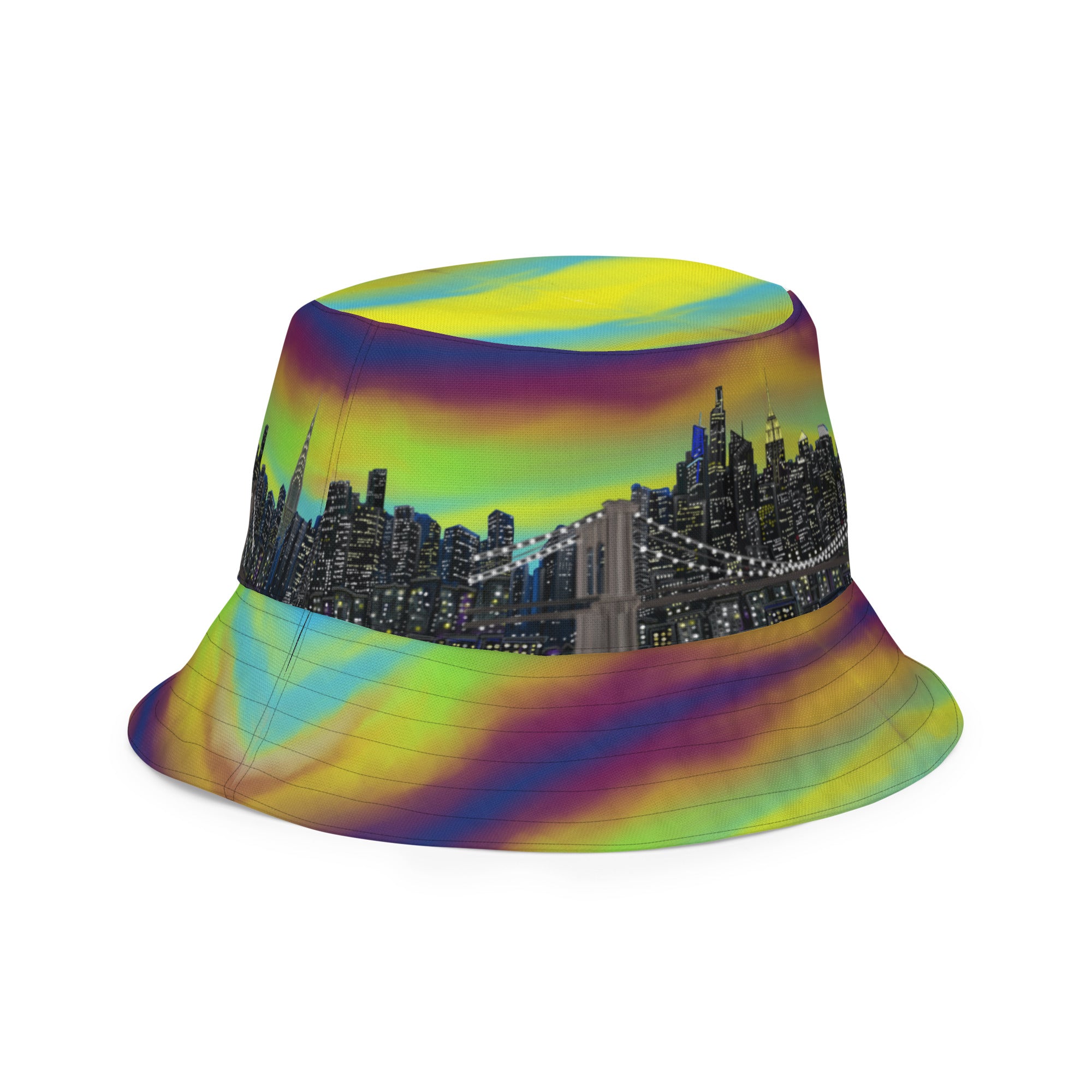 Reversible Bucket Hat with  Città Sole e Bosco Moody NYC skyline on both sides in different settings  designed by S. Loria NYC Art