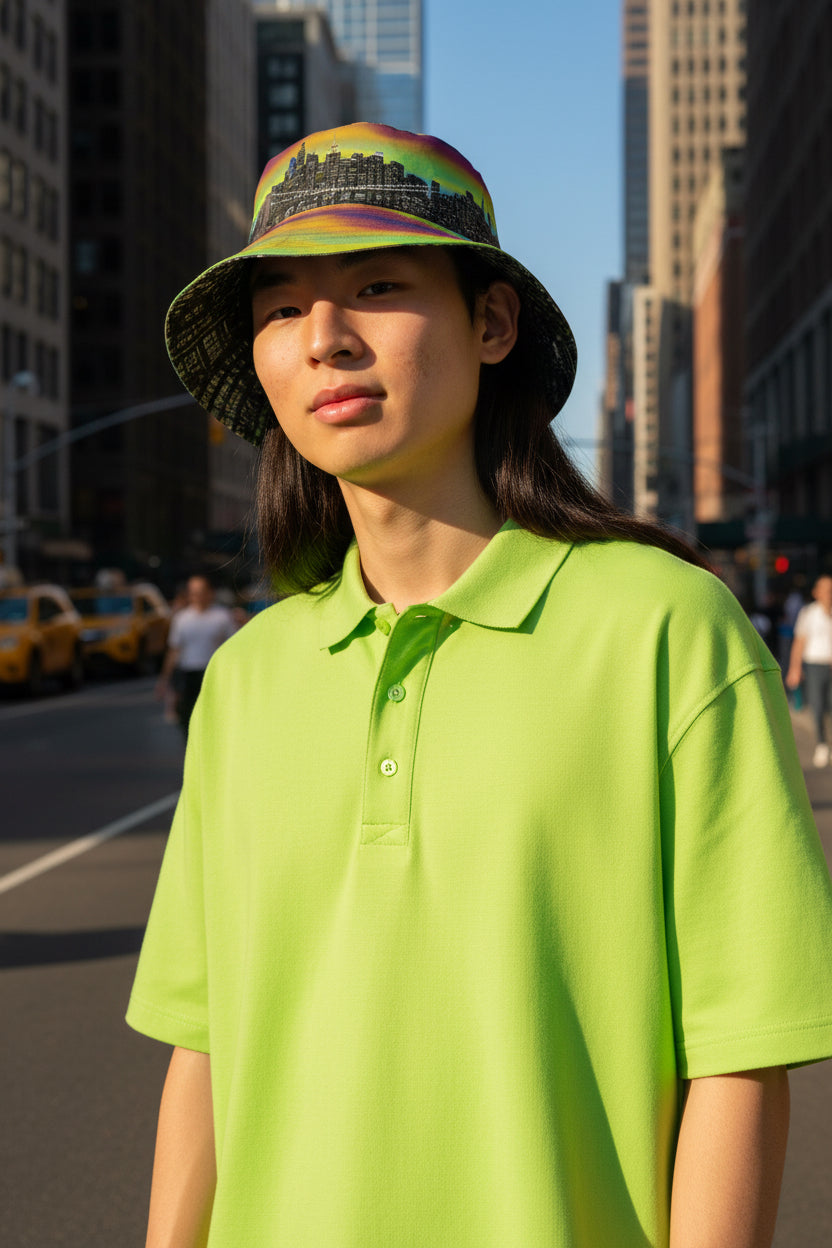 Man wearing a Loria NYC Art Reversible Bucket Hat with  city skyline on both sides