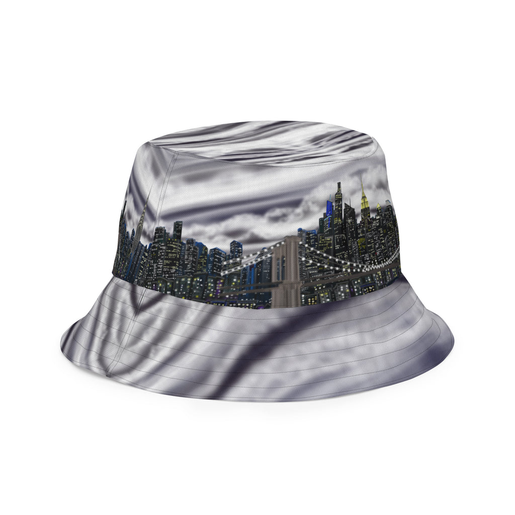 Midnight and stormy scenes featured on this Reversible Bucket Hat with Città Tempesta e Notte NYC Skyline designed by S. Loria NYC Art