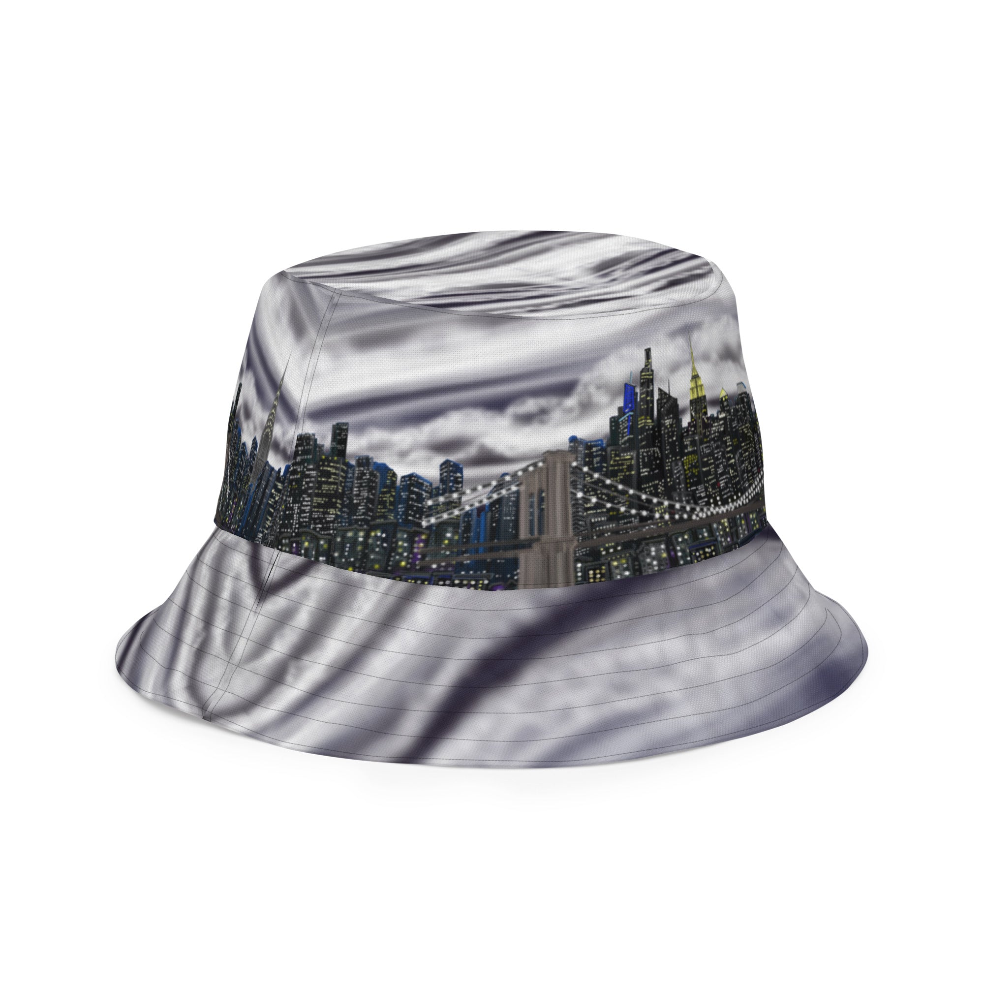 Midnight and stormy scenes featured on this Reversible Bucket Hat with Città Tempesta e Notte NYC Skyline designed by S. Loria NYC Art