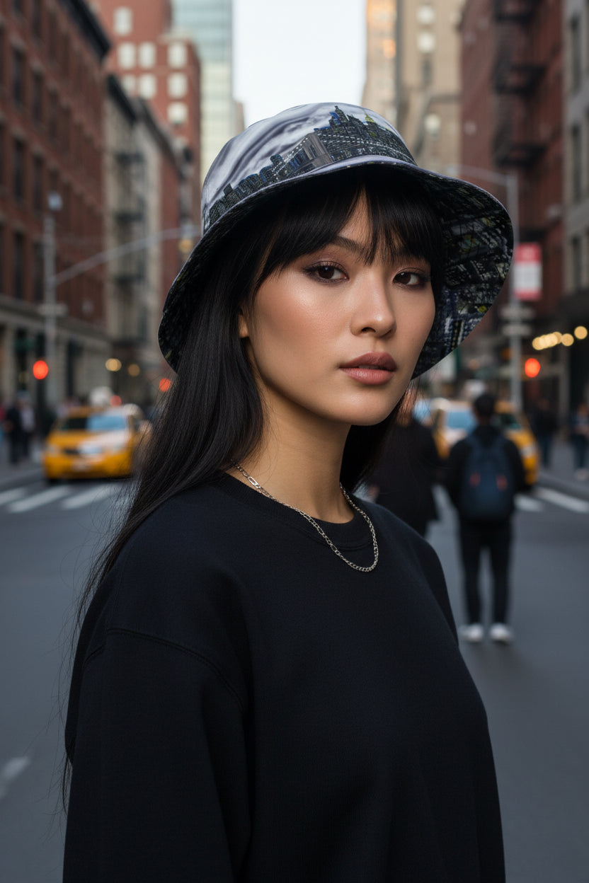 Female wearing a Bucket Hat with Skyline designed by S. Loria NYC Art
