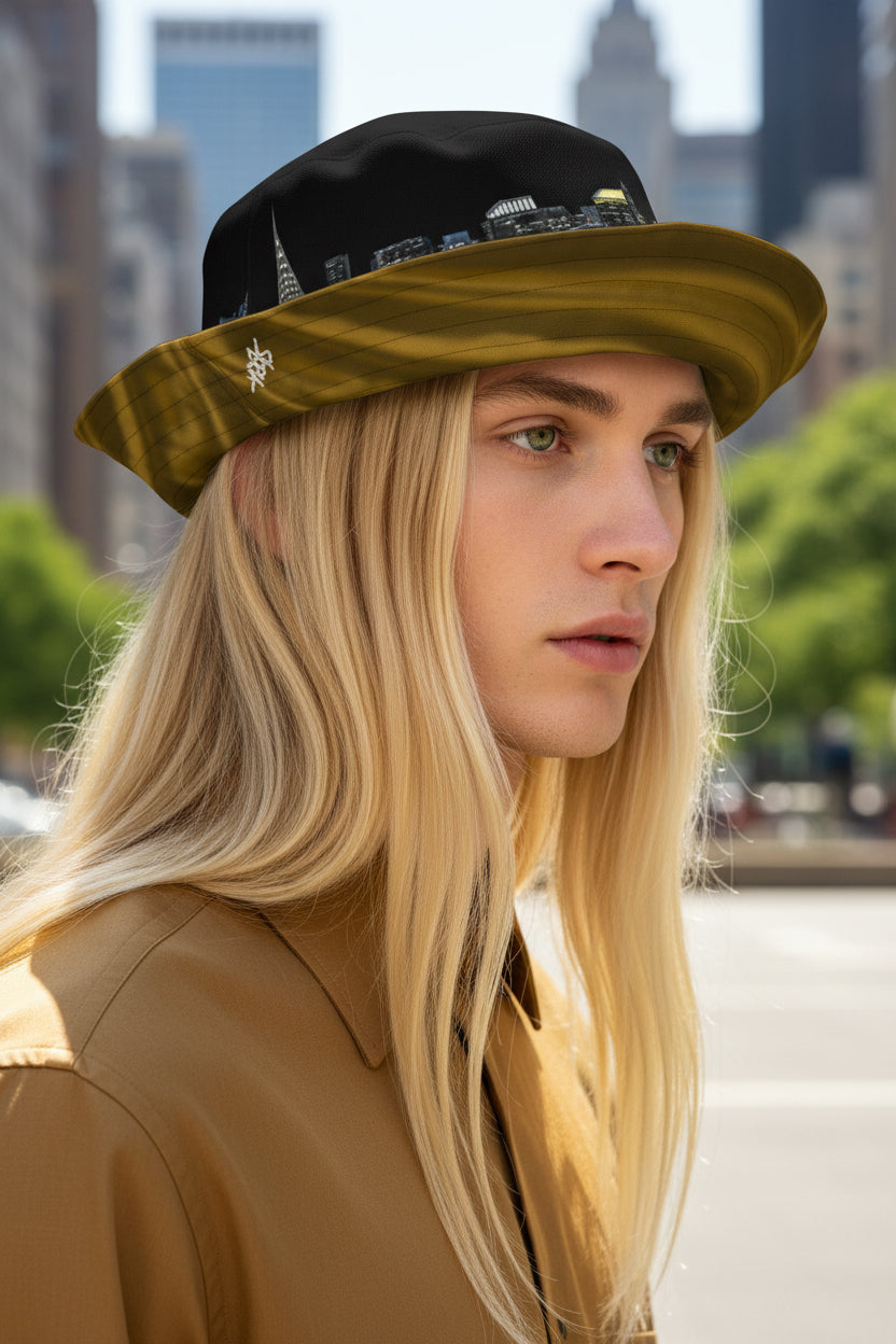 Person wearing a black and gold bucket Loria NYC Art hat on a urban background