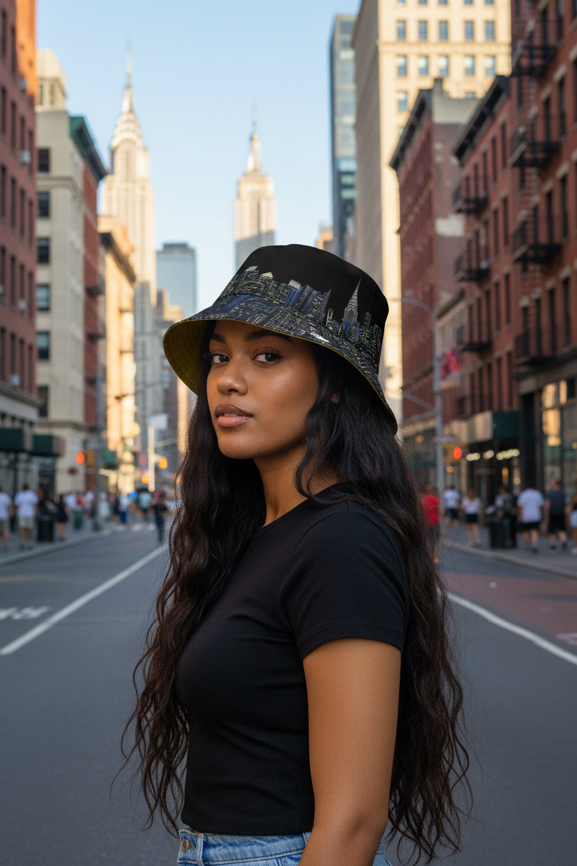 Woman wearing a black Loria NYC Art bucket hat with cityscape design on a white background