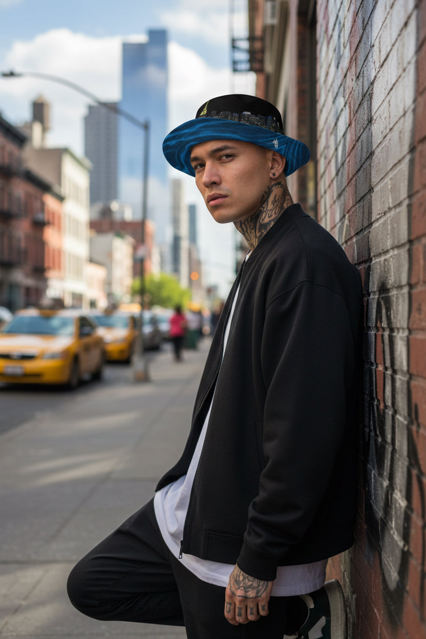 Person wearing a Loria NYC Art black cap with a blue brim on a urban background
