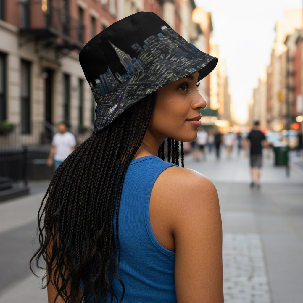 Person wearing a black bucket hat with cityscape Loria NYC Art design on a urban background