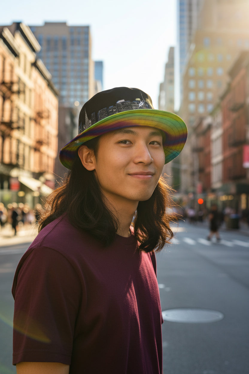 Man wearing a Reversible Loria NYC Art Bucket Hat with Moody city skyline in an urban setting.
