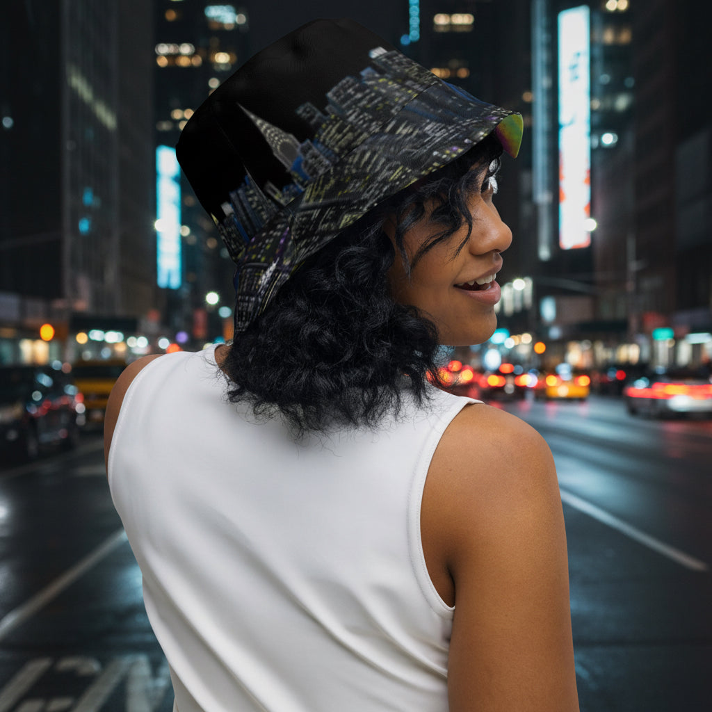 Women posing in a Reversible Bucket Hat with NYC skyline on both sides in different settings designed by S. Loria NYC Art