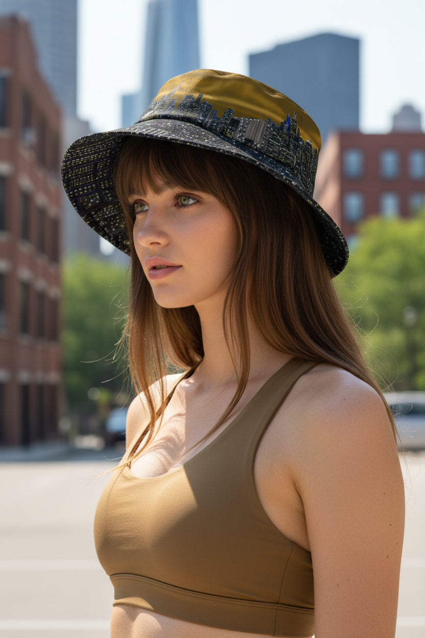 Female modeling Reversible Bucket Hat Brown Black designed by Loria NYC Art 