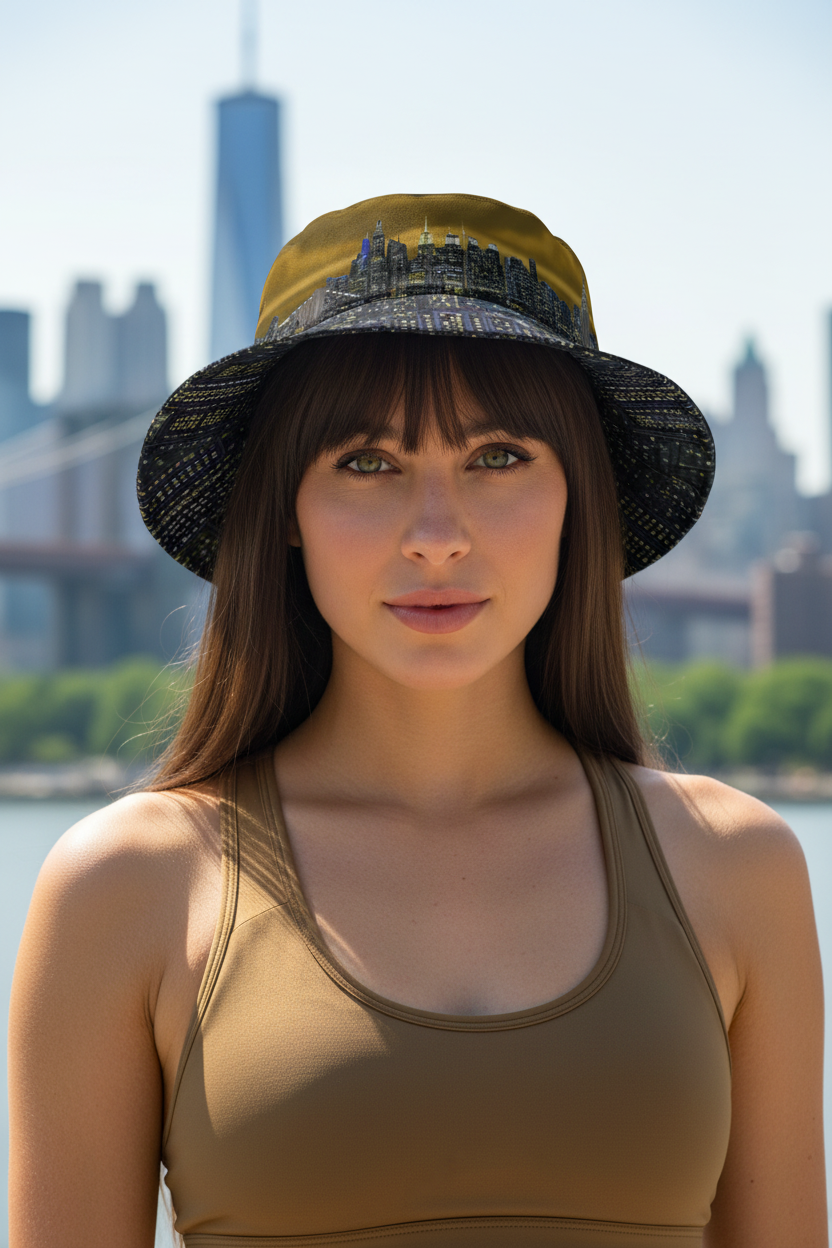 Woman wearing a black and yellow bucket hat with a Loria NYC Art city skyline in the background