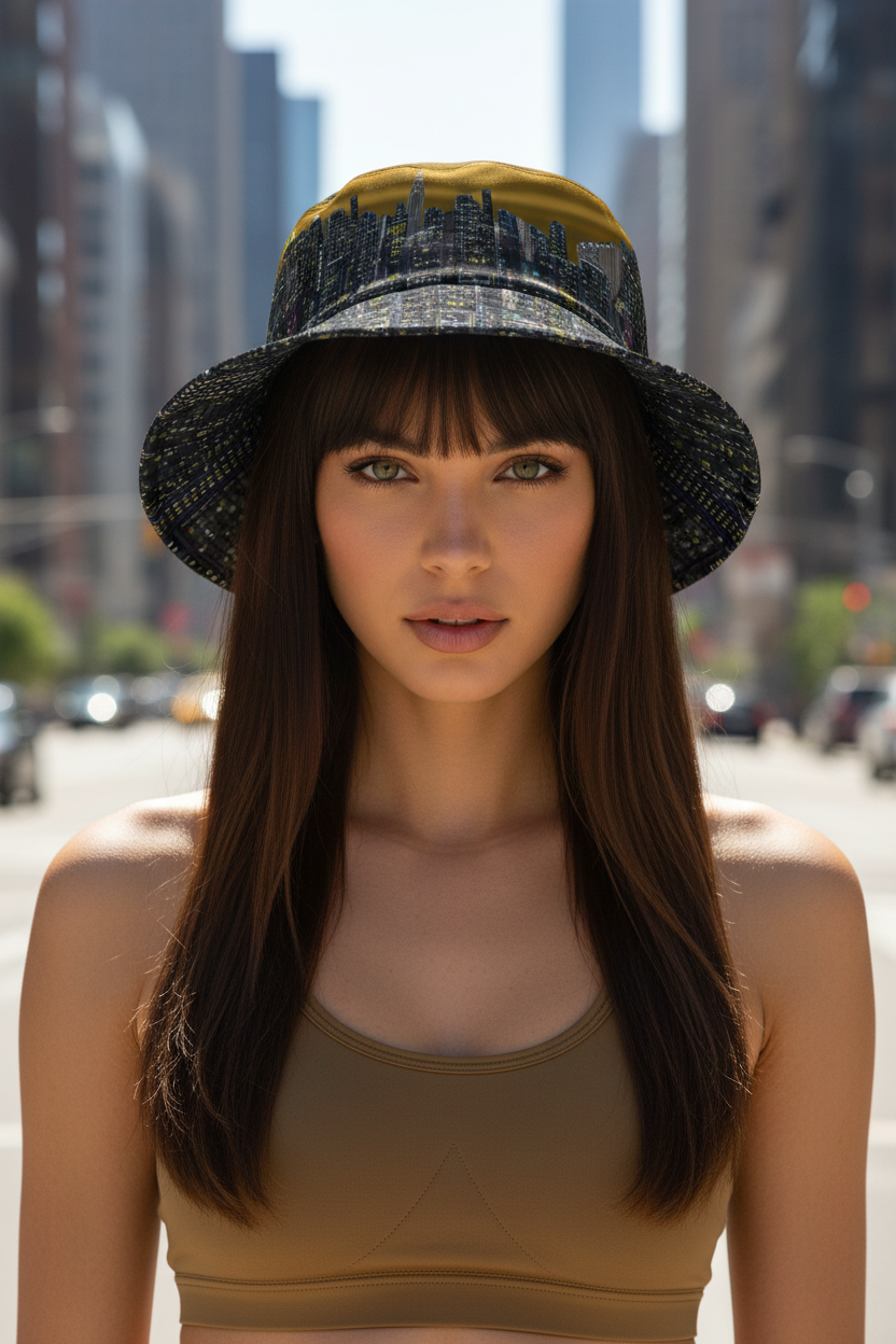 Woman wearing a Loria NYC Art black bucket hat and brown top in an urban setting