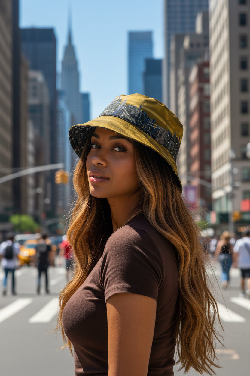 Woman wearing a Loria NYC Art bucket hat with city skyline patterns on an urban background