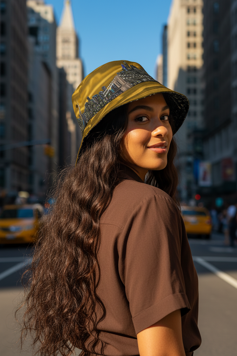 Woman wearing a Loria NYC Art bucket hat on a city street with tall buildings and taxis in the background