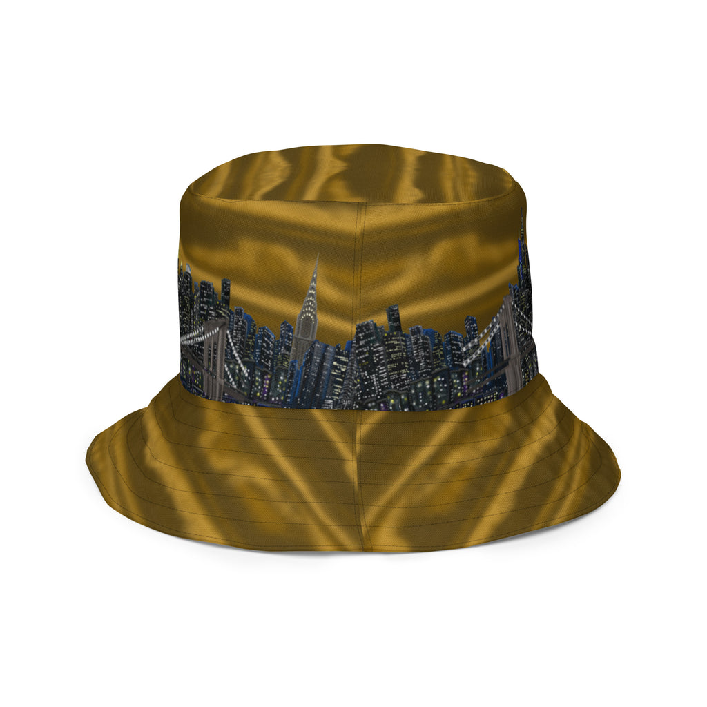 Reversible Bucket Hat showing the Brown side designed by Loria NYC Art on a white background