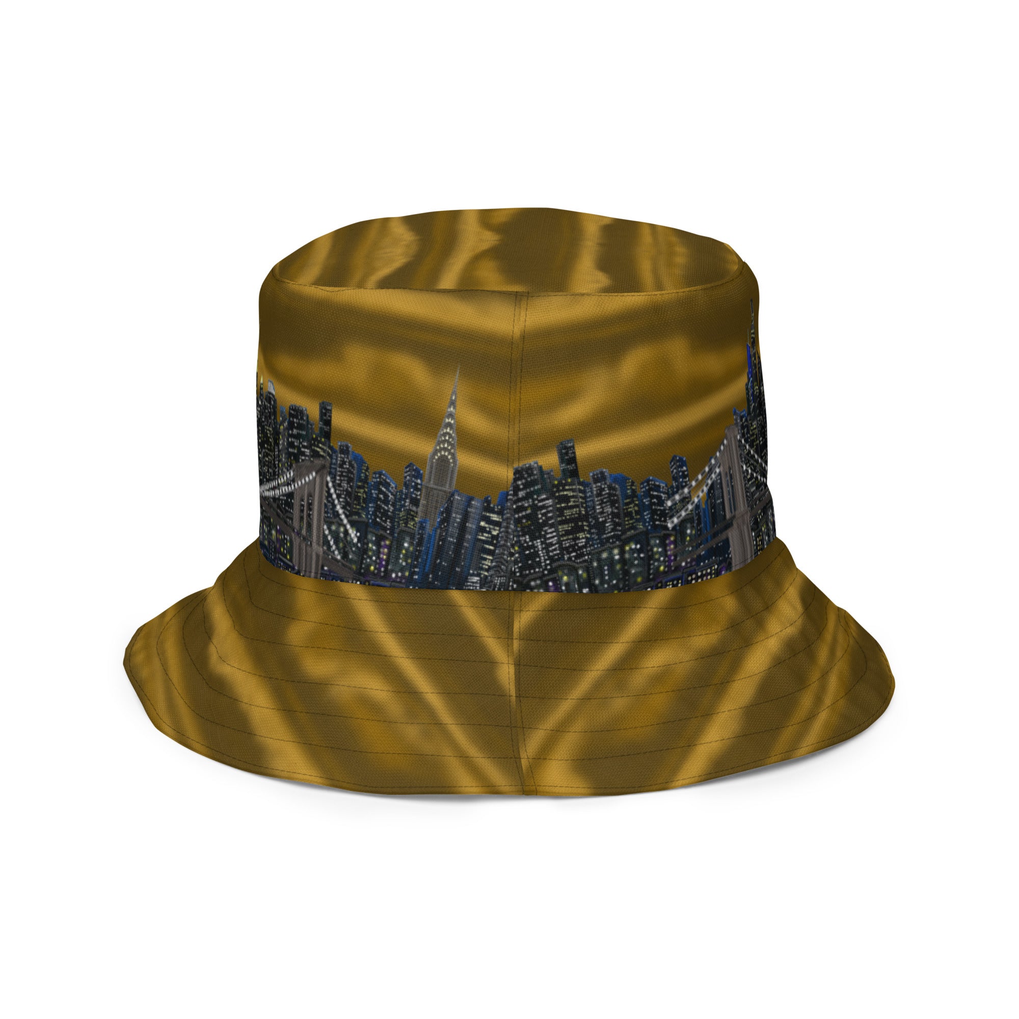Reversible Bucket Hat showing the Brown side designed by Loria NYC Art on a white background