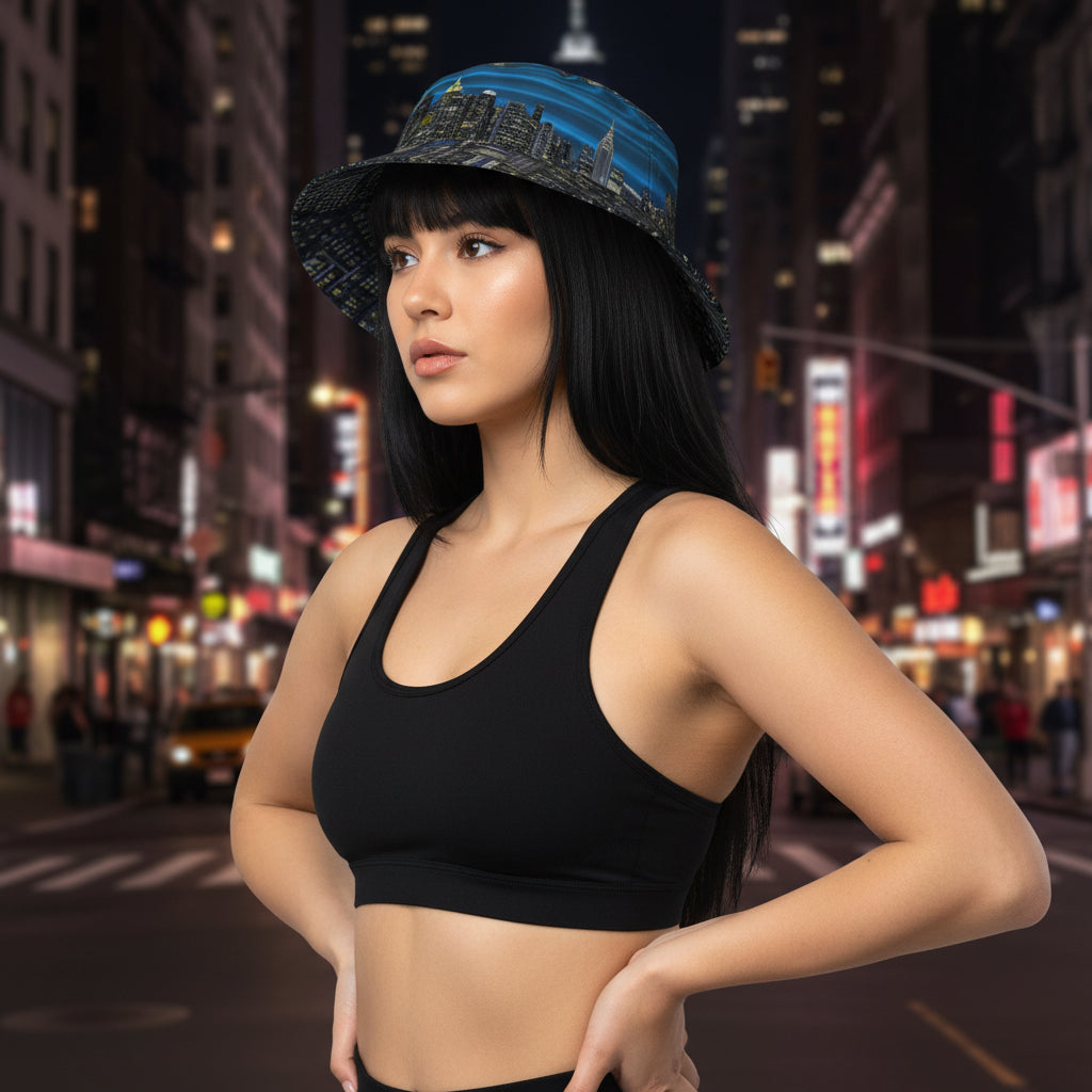 Person wearing a Loria NYC Art bucket hat with a cityscape design on a white background