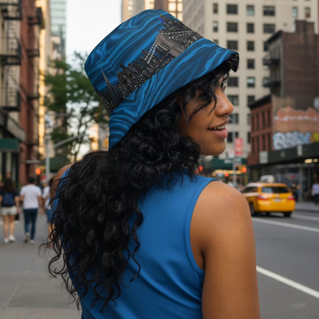 Woman wearing a blue Loria NYC Art bucket hat on a urban background