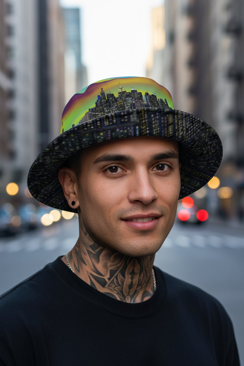 Man wearing a Reversible Bucket Hat with NYC skyline on both sides in different settings designed by S. Loria NYC Art