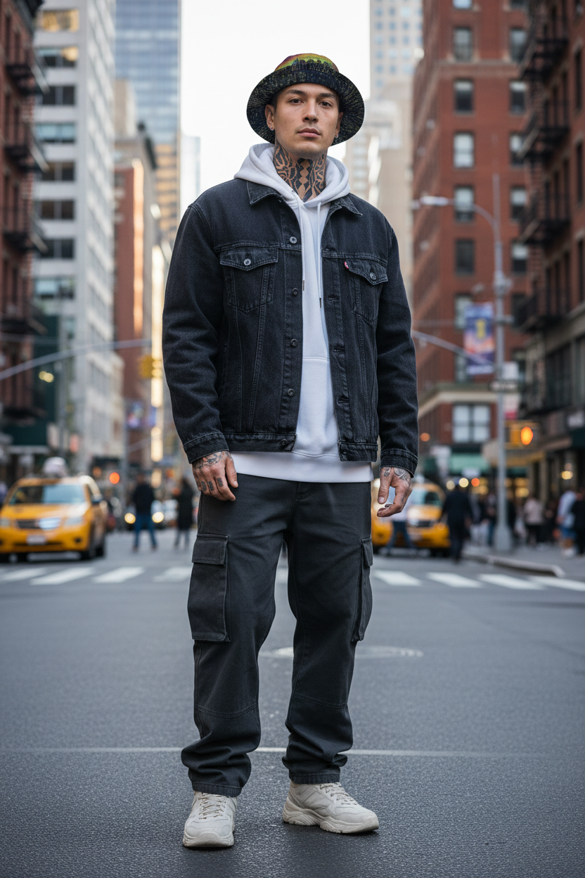 Person wearing a black Loria NYC Art hat, denim jacket and cargo pants standing on a city street.