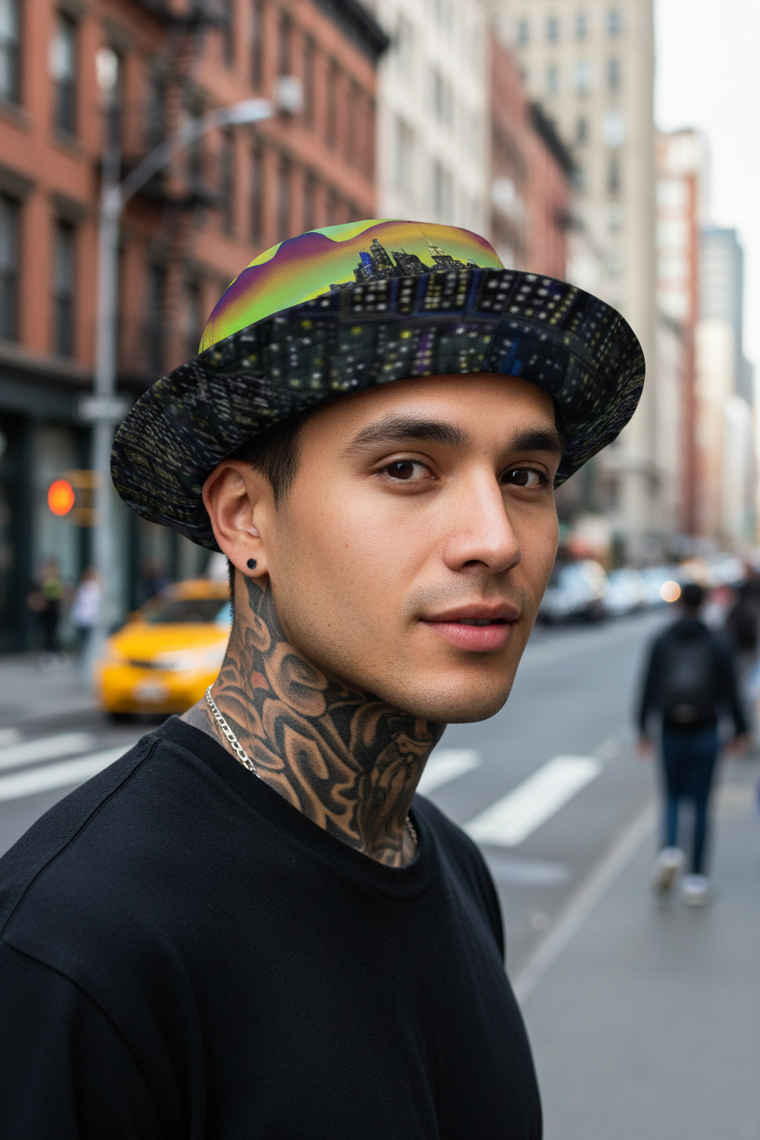 Man wearing a colorful Loria NYC Art hat on a city street
