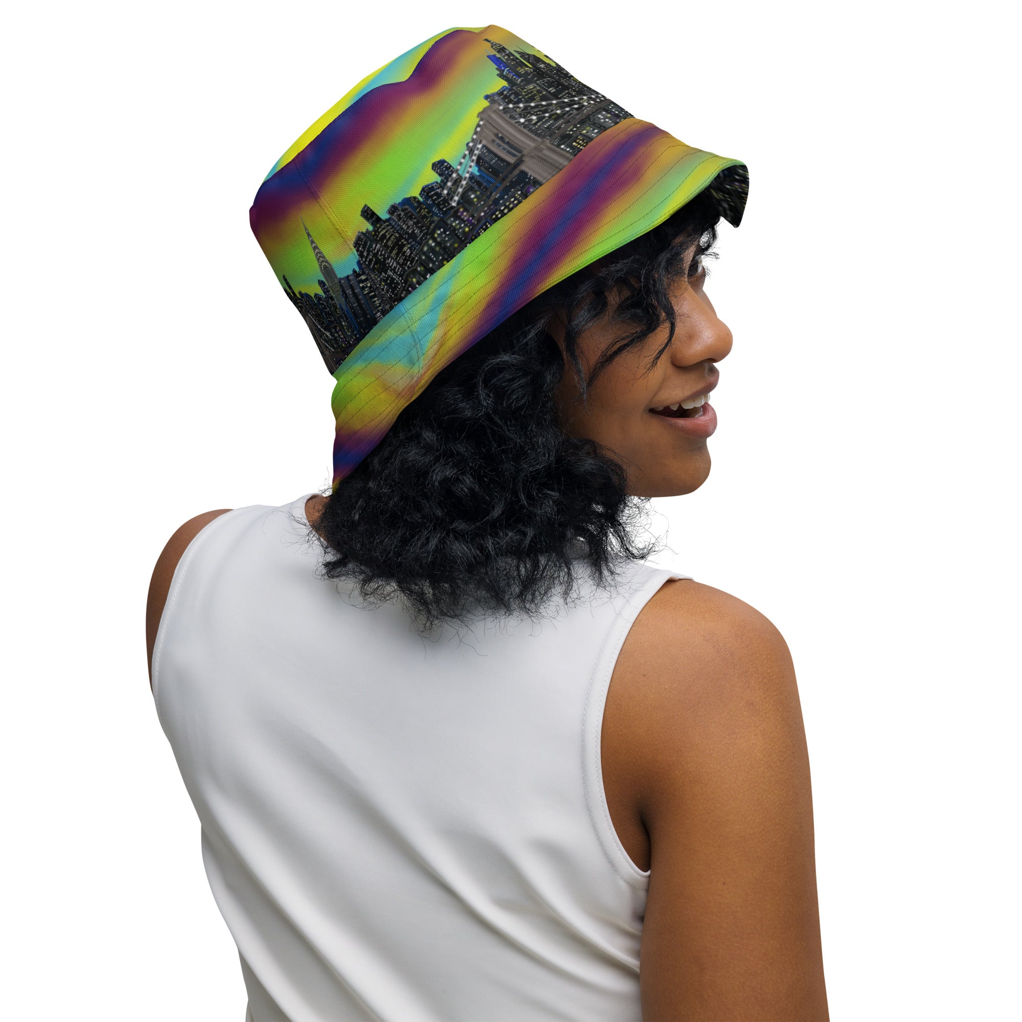 Women wearing a Reversible Bucket Hat with  Città Sole e Bosco Moody NYC skyline on both sides in different settings designed by S. Loria NYC Art
