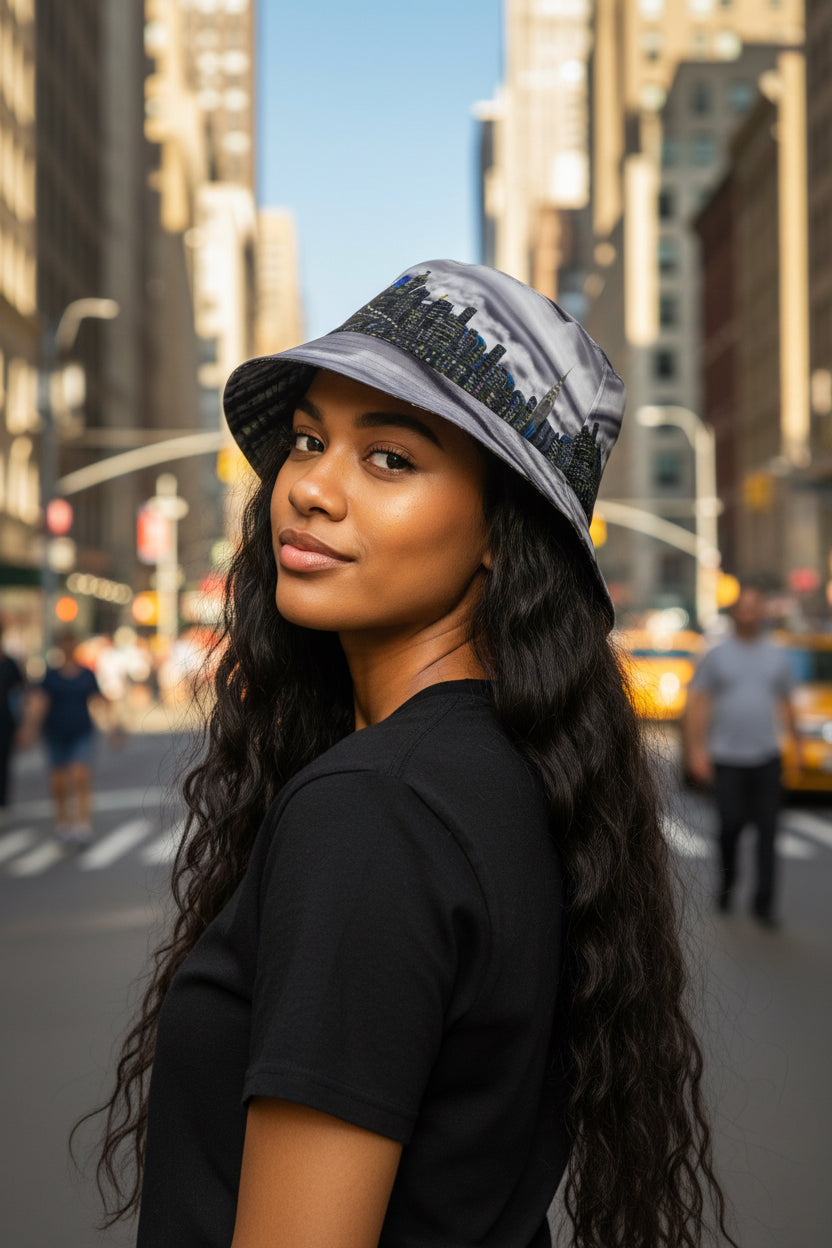 Women posing in Reversible Bucket Loria NYC Art Skyline hat.