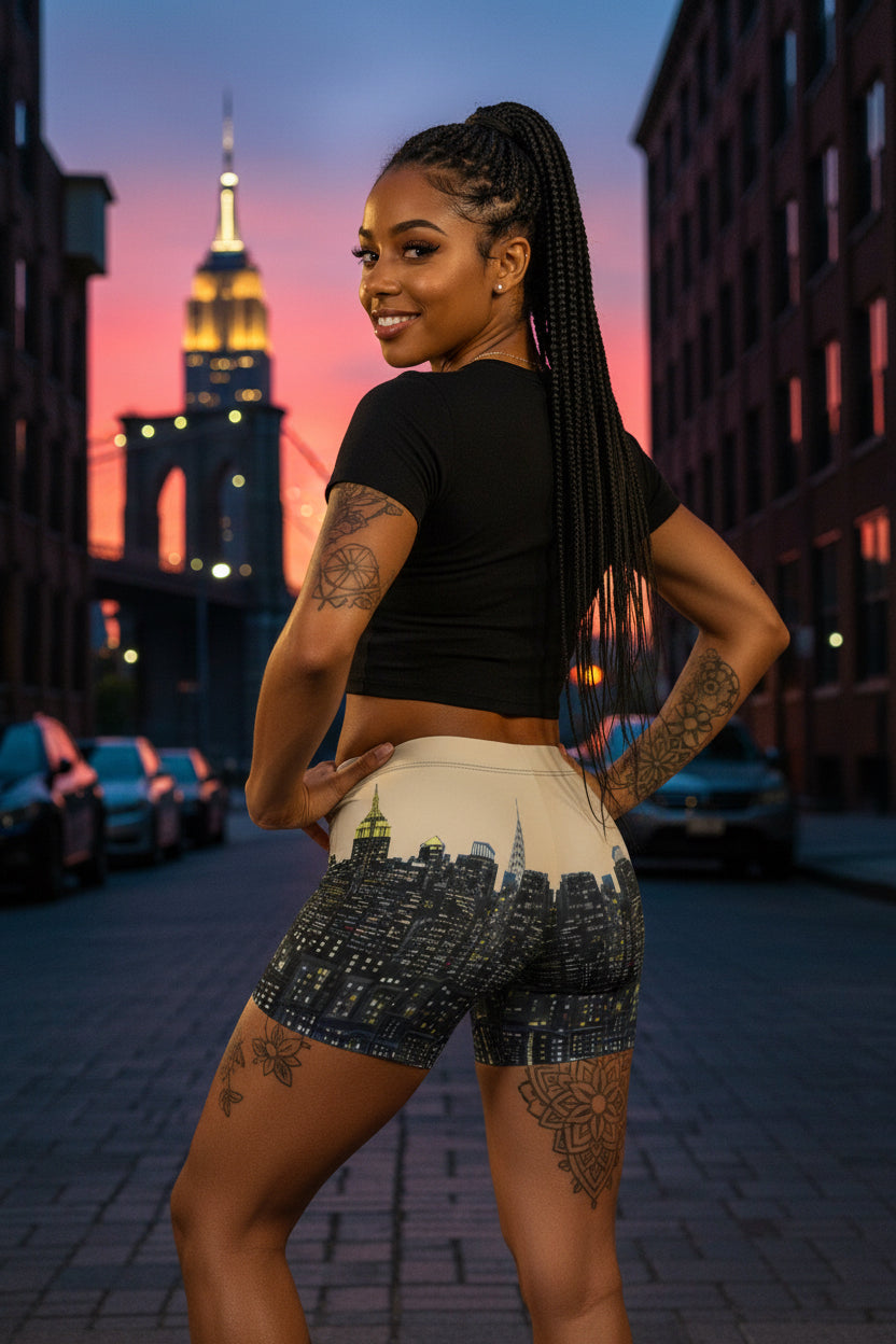 Person wearing shorts with a Loria NYC Art cityscape design on a urban background