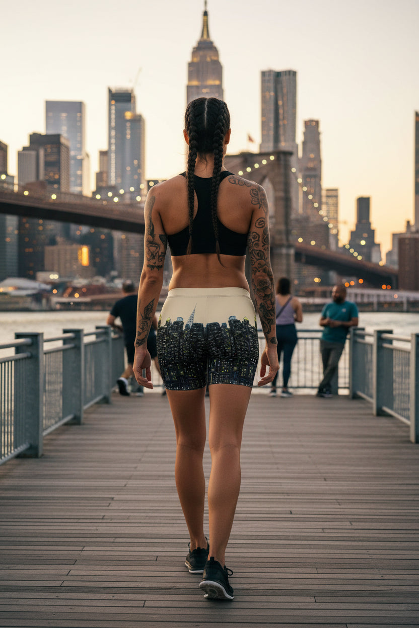 Person wearing black shorts with Loria NYC Art cityscape design on a white background