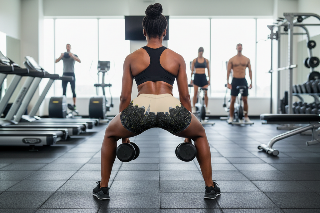 Girl working out in gym wearing Loria NYC Art shorts.