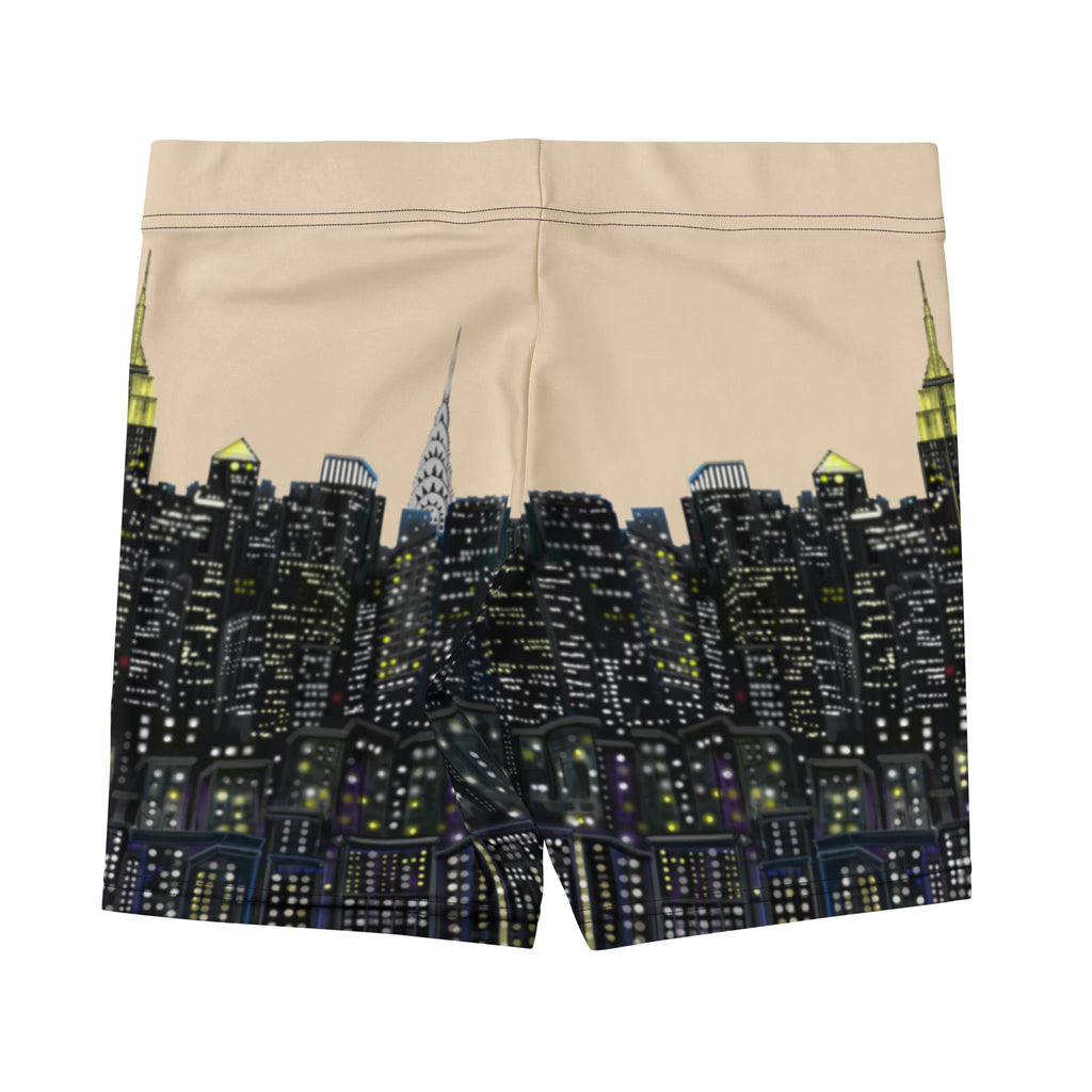 Beige shorts with a cityscape Loria NYC Art design on a white background