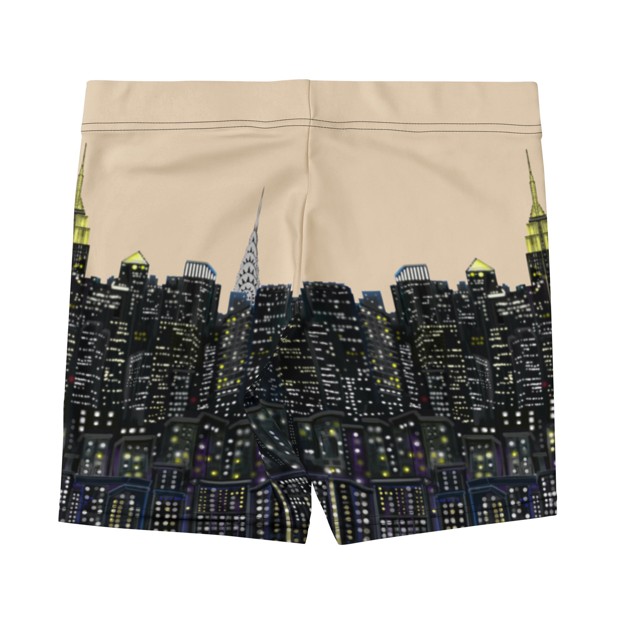 Beige shorts with a cityscape Loria NYC Art design on a white background
