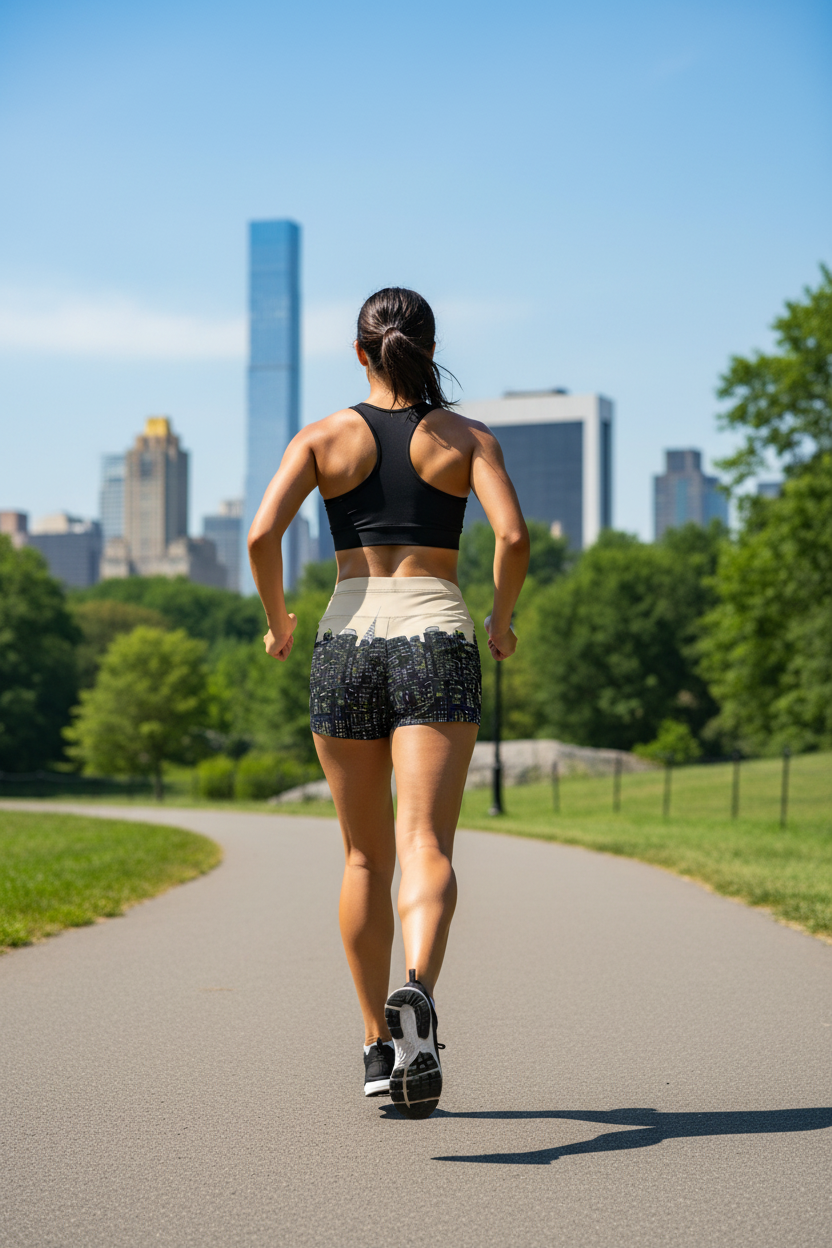 Woman wearing Loria NYC Art shorts running on a path with a city skyline in the background