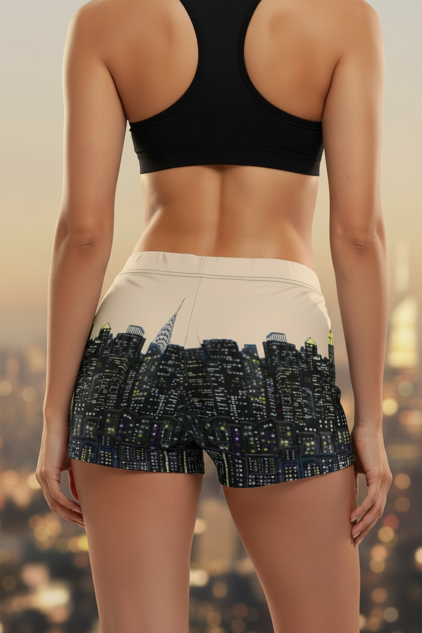 Person wearing shorts with a Loria NYC Art cityscape design on a blurred city background