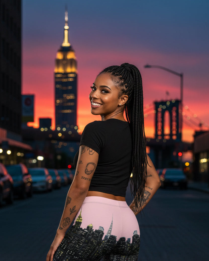 Person wearing pink Loria NYC Art skyline shorts on a urban background 