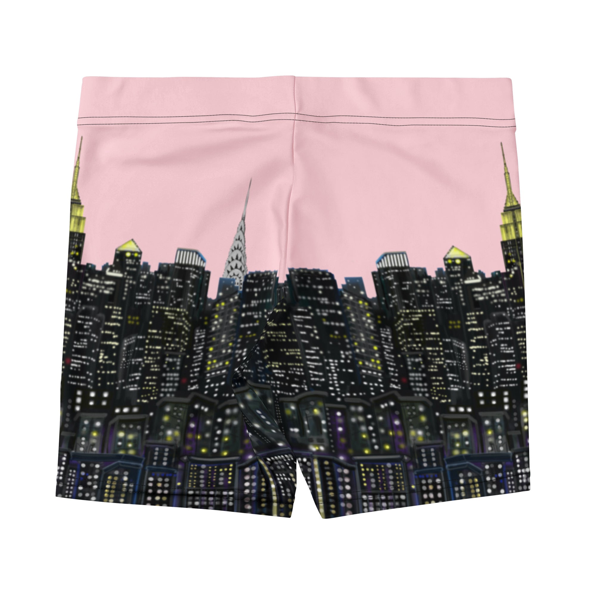 Pink Shorts with Loria NYC Art skyline  design on a white background
