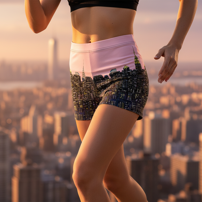 Person wearing athletic Loria NYC Art shorts with a cityscape in the background during sunset