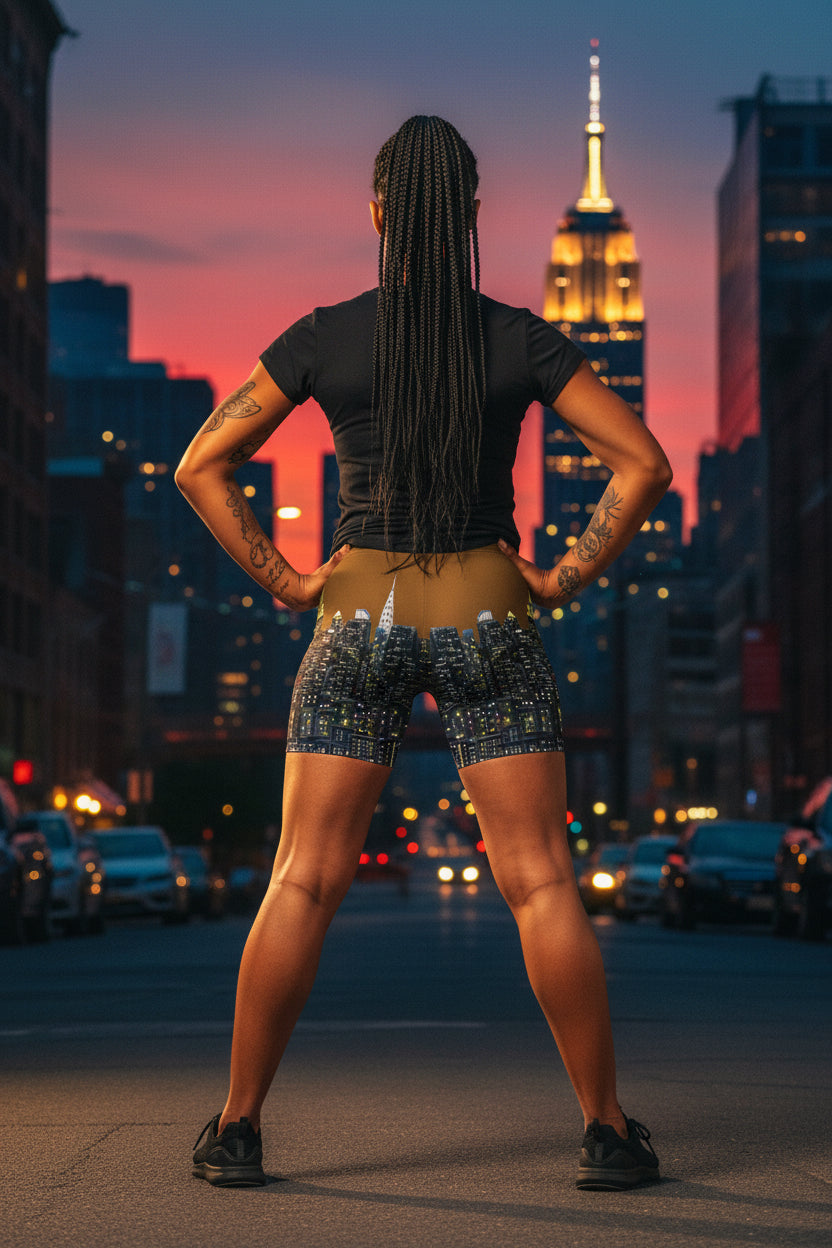 Person wearing shorts with a city skyline Loria NYC Art design on a urban background