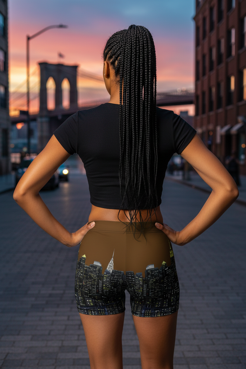 Person in athletic Loria NYC Art wear standing on a city street with a sunset view of the Brooklyn Bridge.