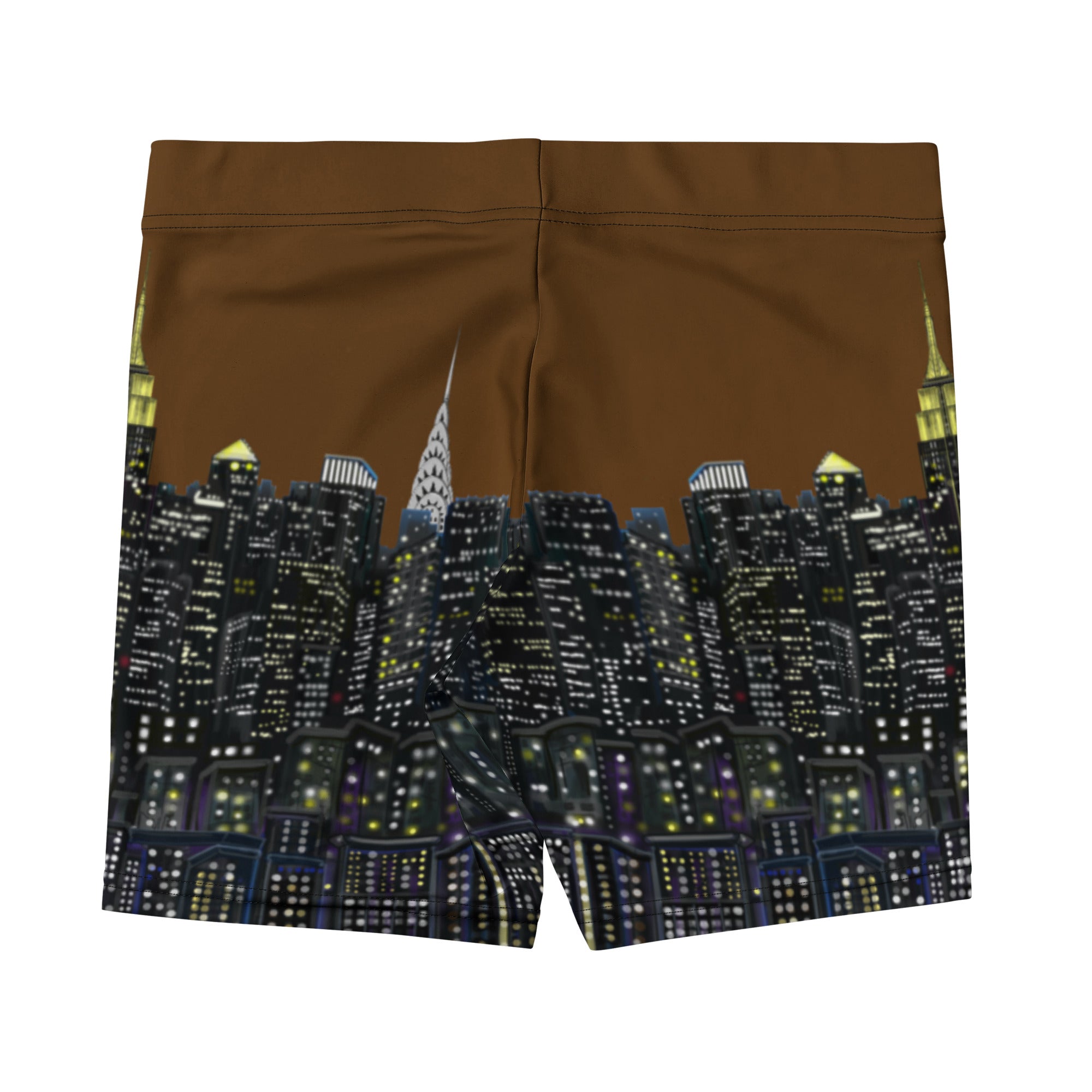 Shorts with a cityscape Loria NYC Art design on a brown background