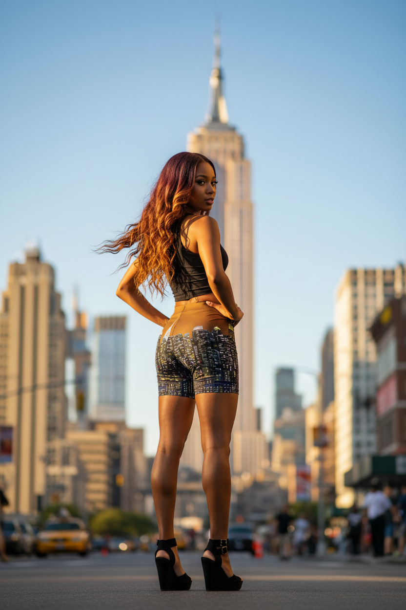 Woman wearing Loria NYC Art leggings standing in a city street with the Empire State Building in the background 