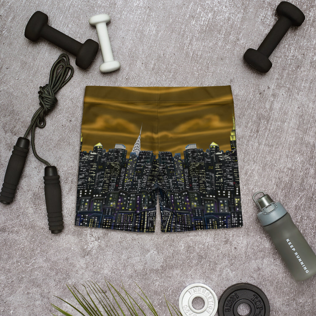 Cityscape design Loria NYC Art shorts with fitness equipment on a textured surface