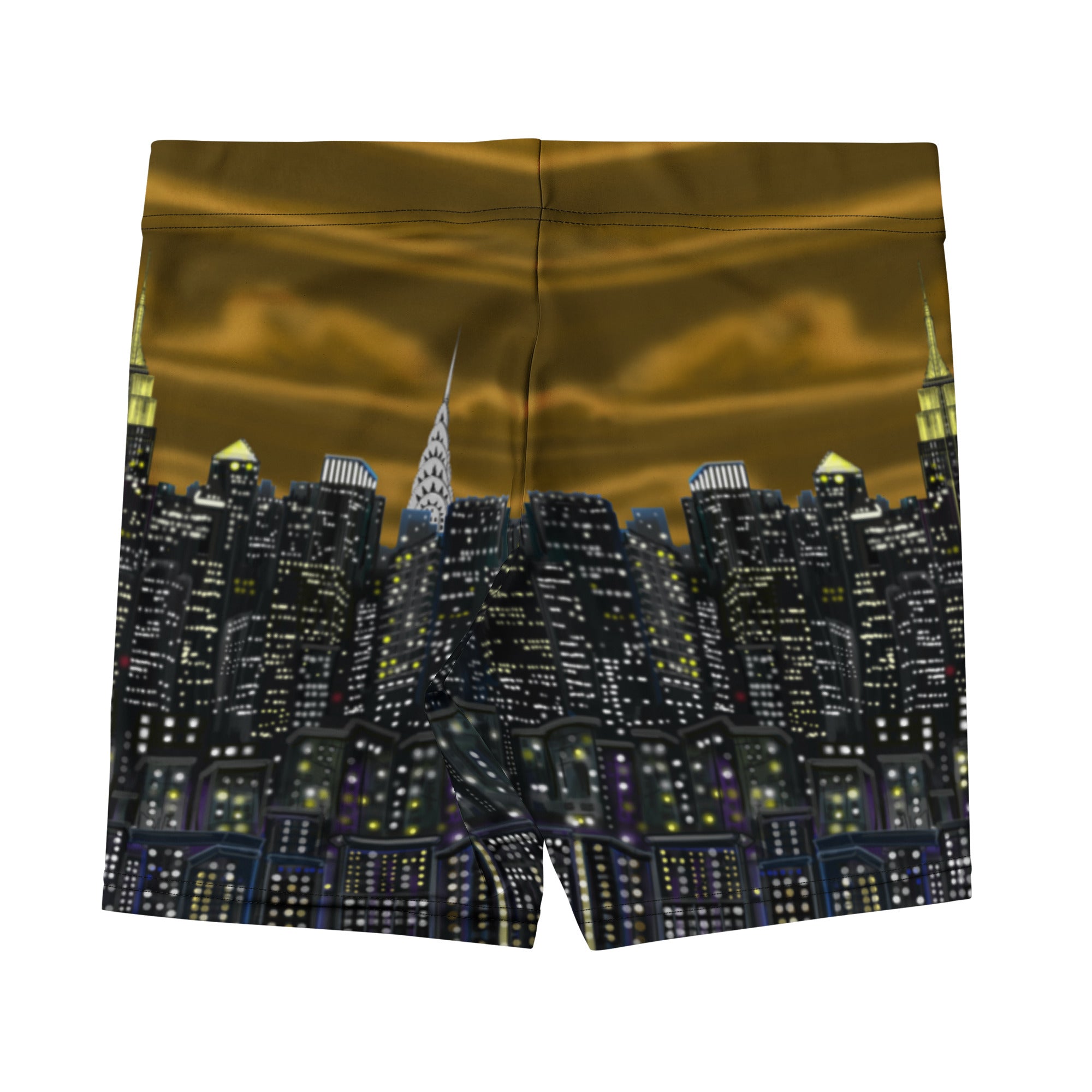 Shorts with a cityscape Loria NYC Art  design on a white background