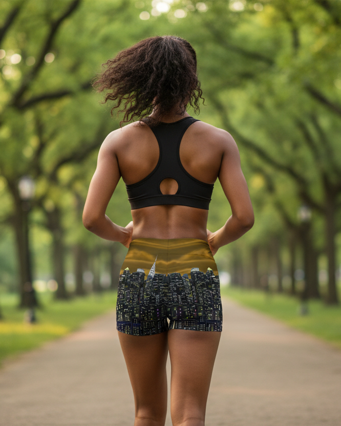 Person running on a path wearing skyline Loria NYC Art shorts in a park with trees lining the sides