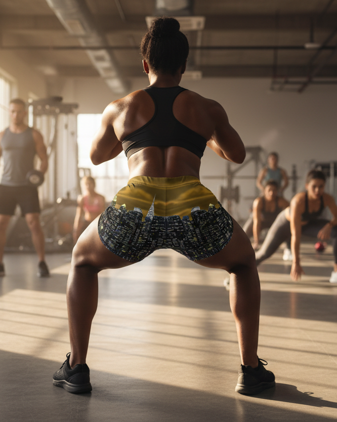 Person performing a squat exercise in a gym wearing city shorts designed by Loria NYC Art with other people in the background