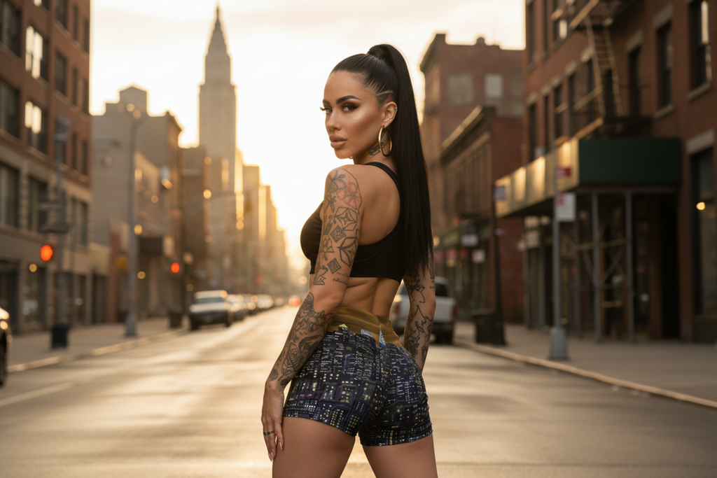 Woman wearing Loria NYC Art shorts with tattoos standing on a city street at sunset