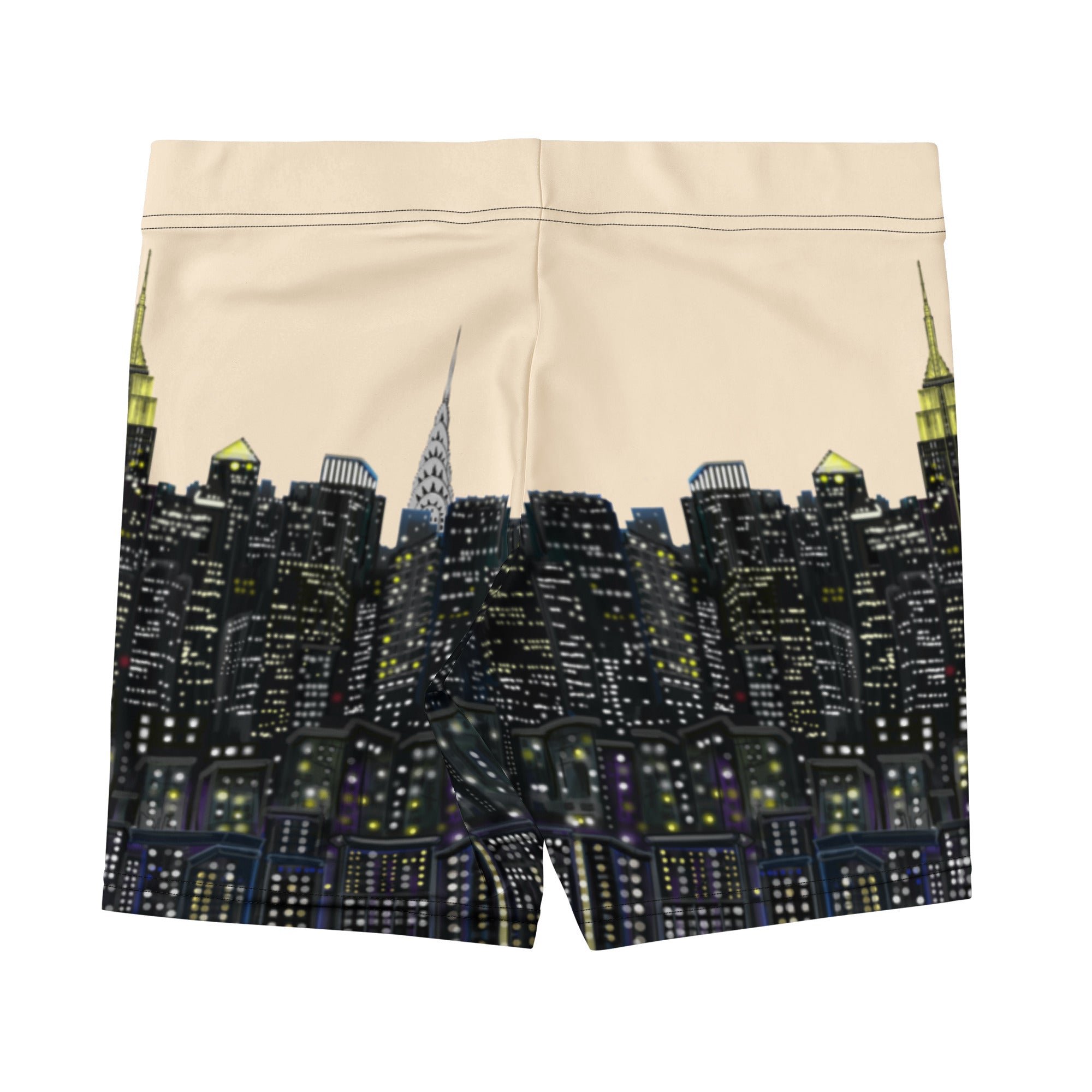Città Papaya Beige shorts with a Loria NYC Art skyline design on a white background