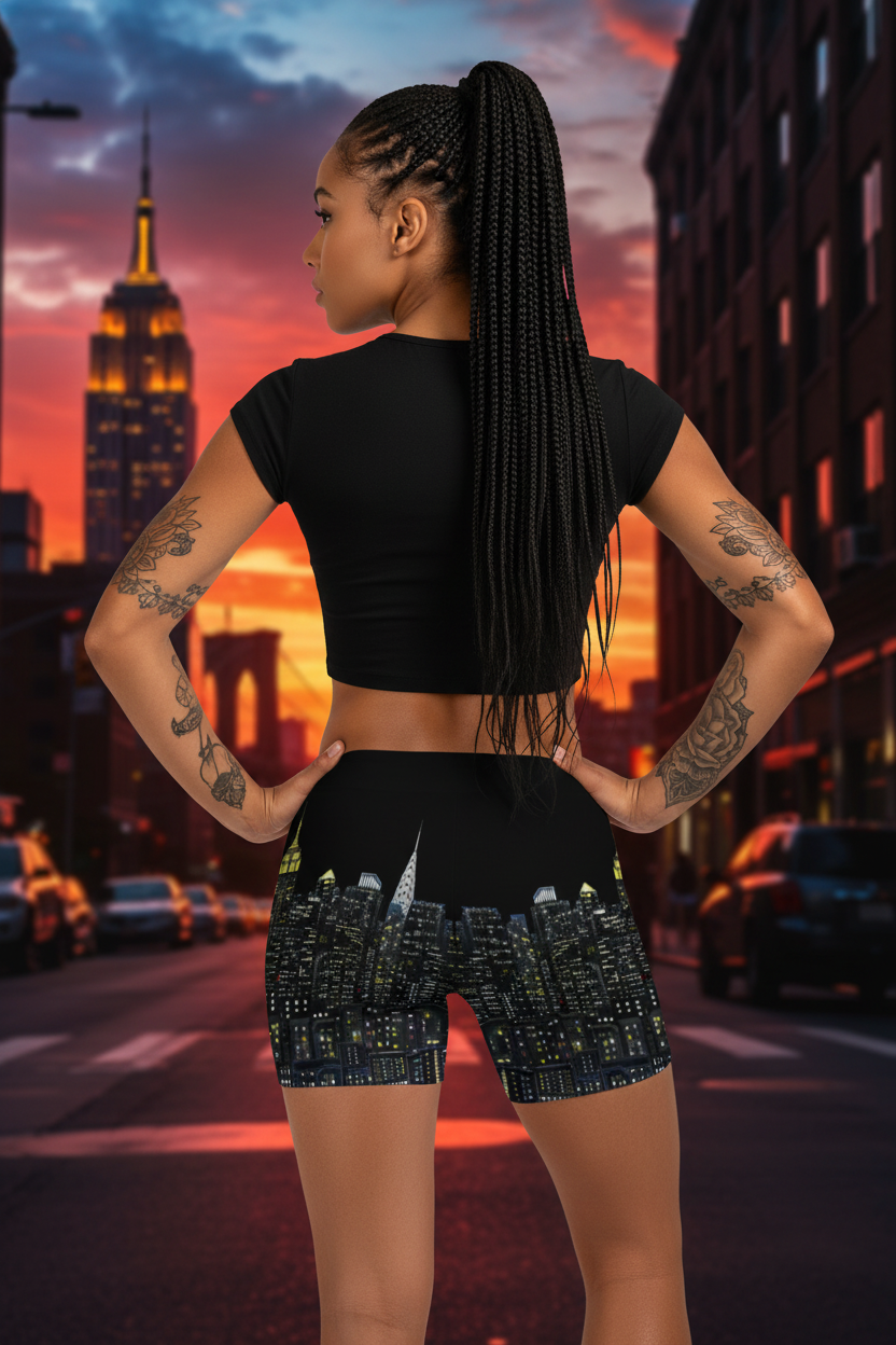 Woman in black athletic Loria NYC Art wear with cityscape design standing on a street at sunset.