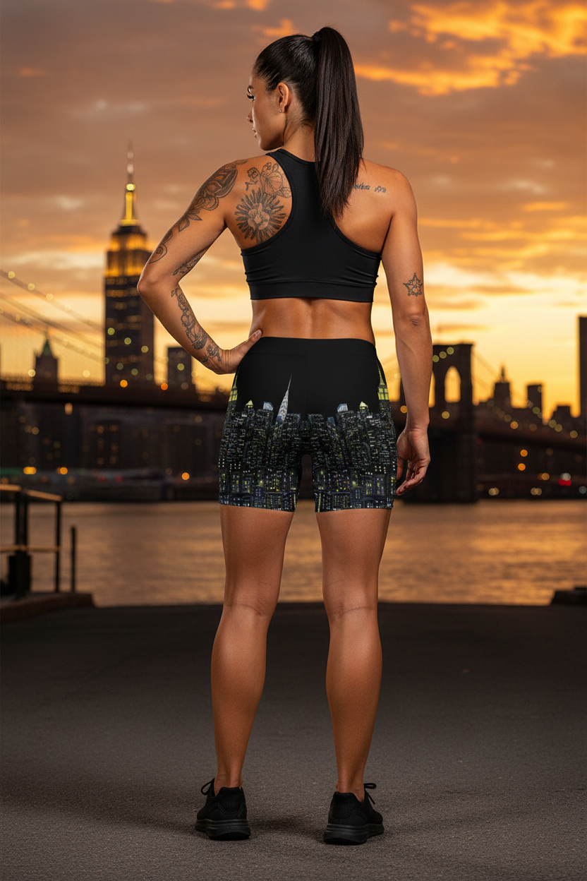 Person in athletic Loria NYC Art wear standing with a city skyline and sunset in the background